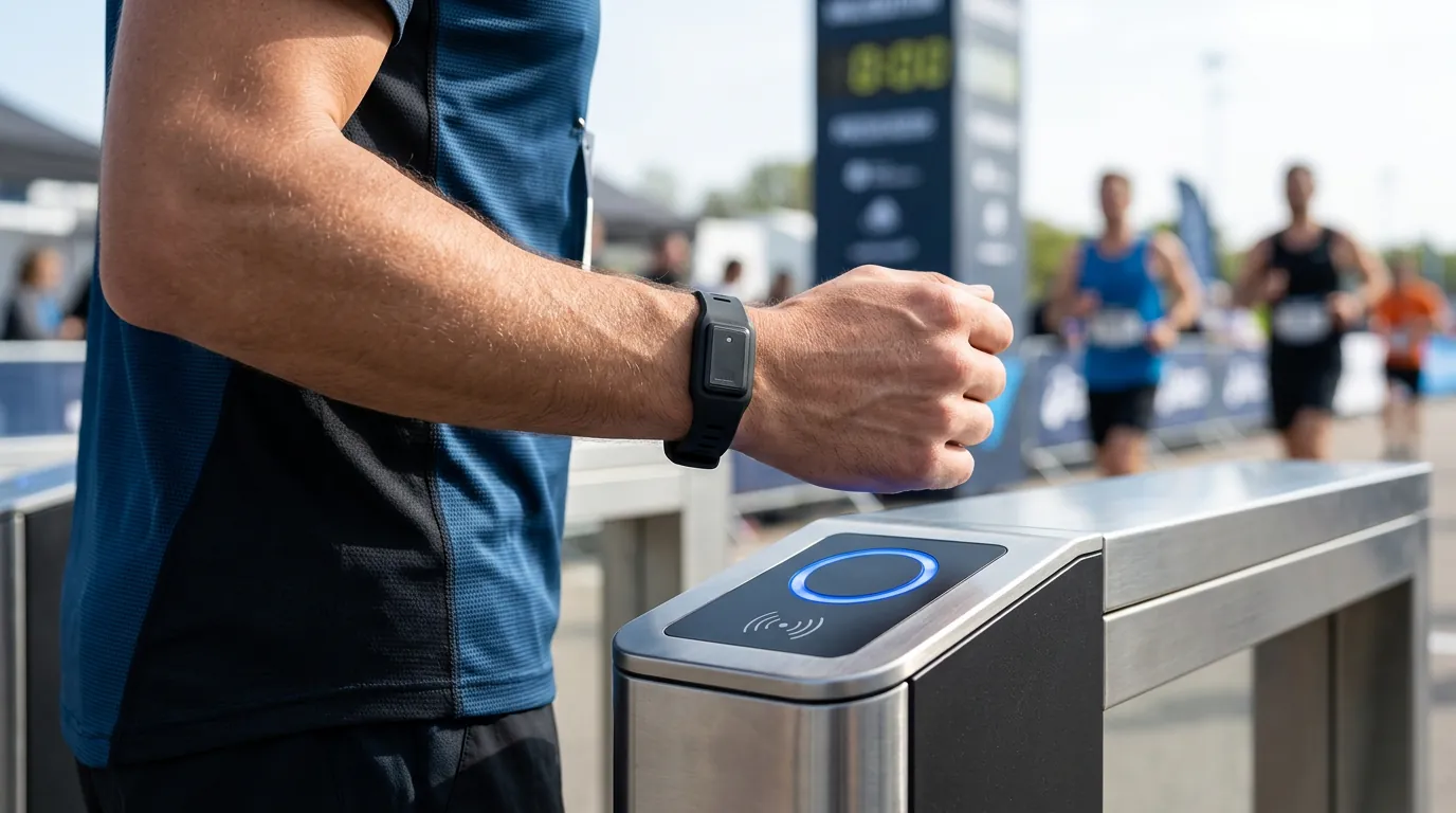 Atleta utilizando pulsera inteligente para acceso rápido y control de tiempo en competición